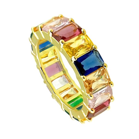 Orentini Jewelry - ORENTINI Gold Plated Rainbow Emerald Cut Ring CZ